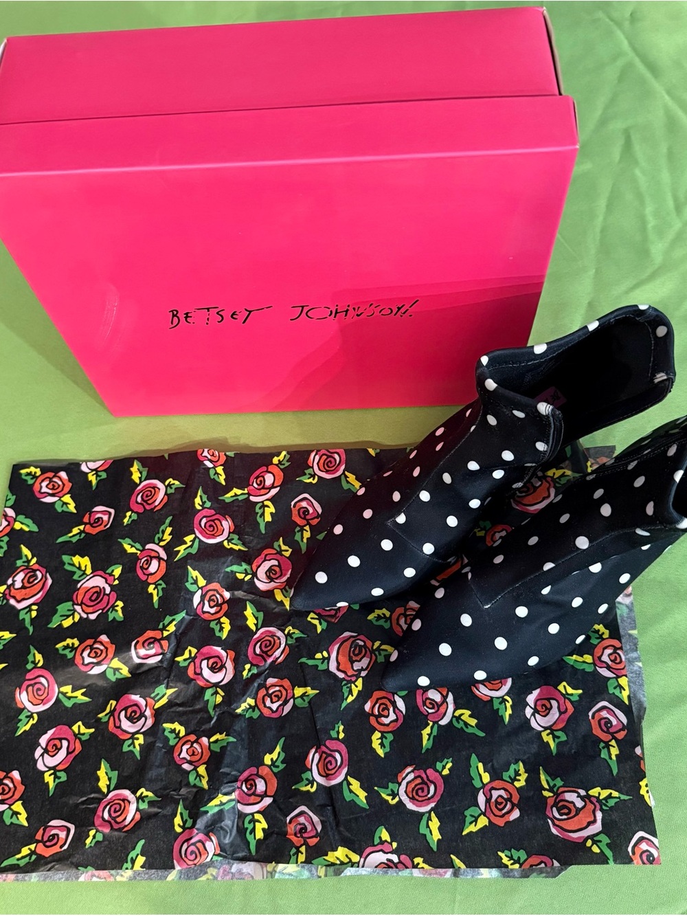 Betsey Johnson Black and White Polka Dotted Fabric Ankle Boot